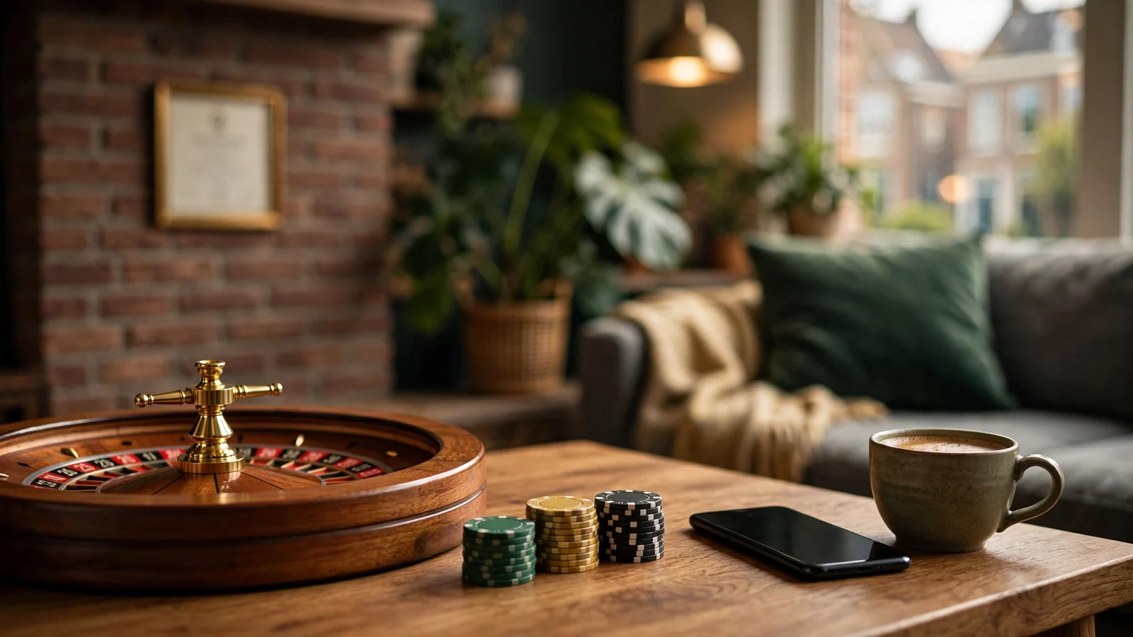 Stijlvolle Nederlandse gamelounge met roulette, fiches en een smartphone