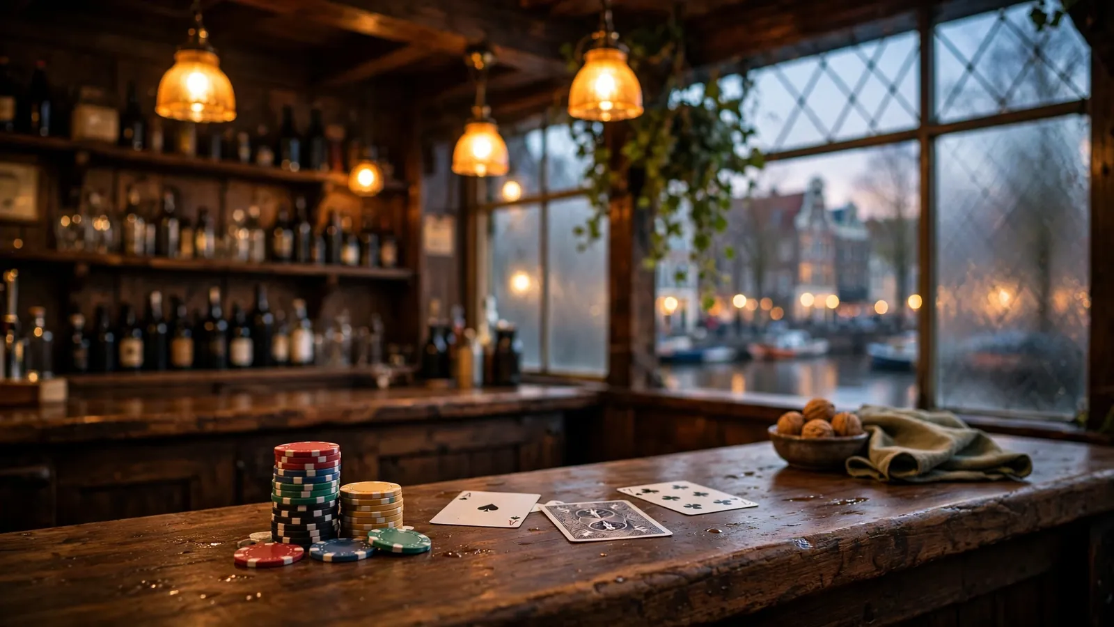 Sfeervolle houten kroeg met pokerschijven en kaarten op de bar