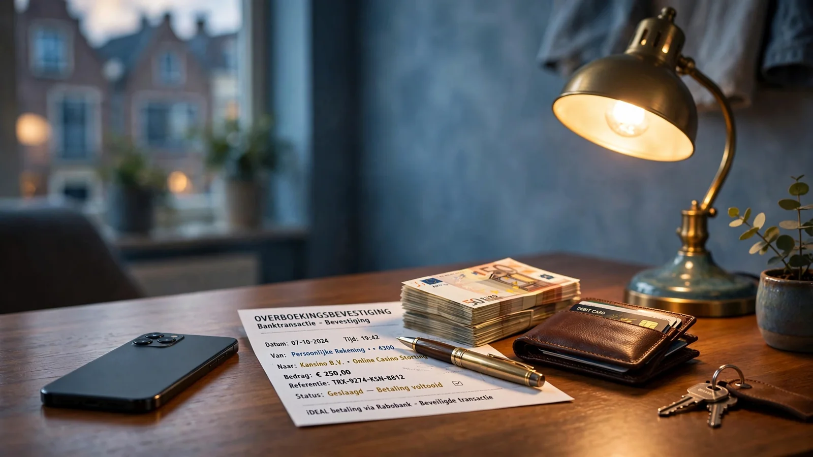 Eurobiljetten, smartphone en bankpapieren op een Nederlands bureau