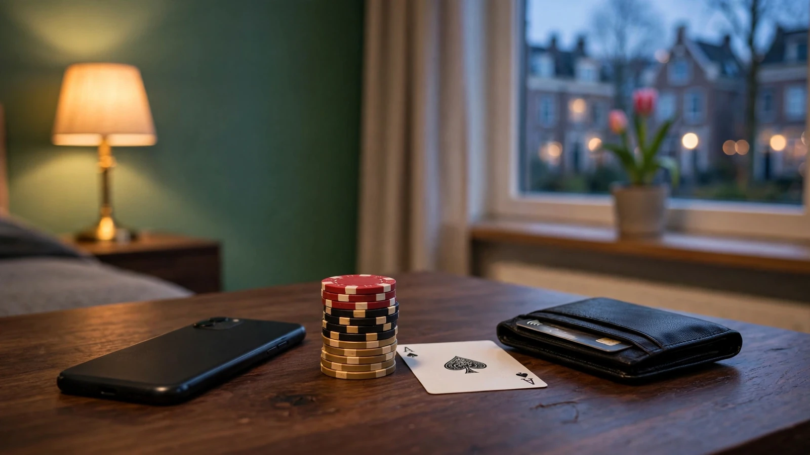 Smartphone met casinochips en speelkaart op een tafel