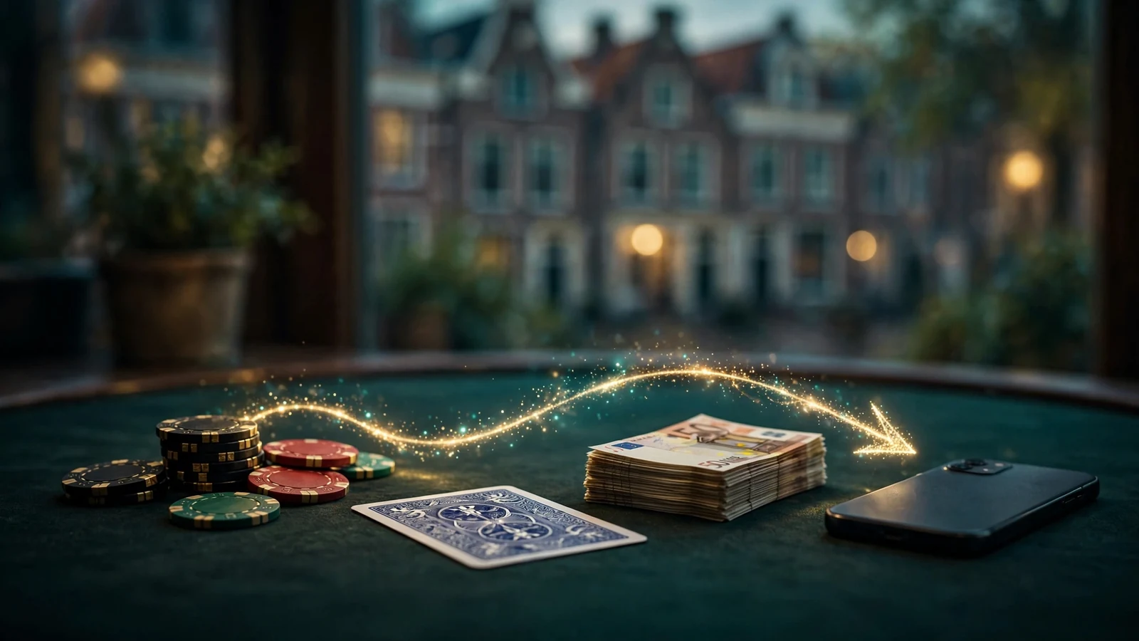 Casinochips, een speelkaart en een smartphone met euro's op tafel