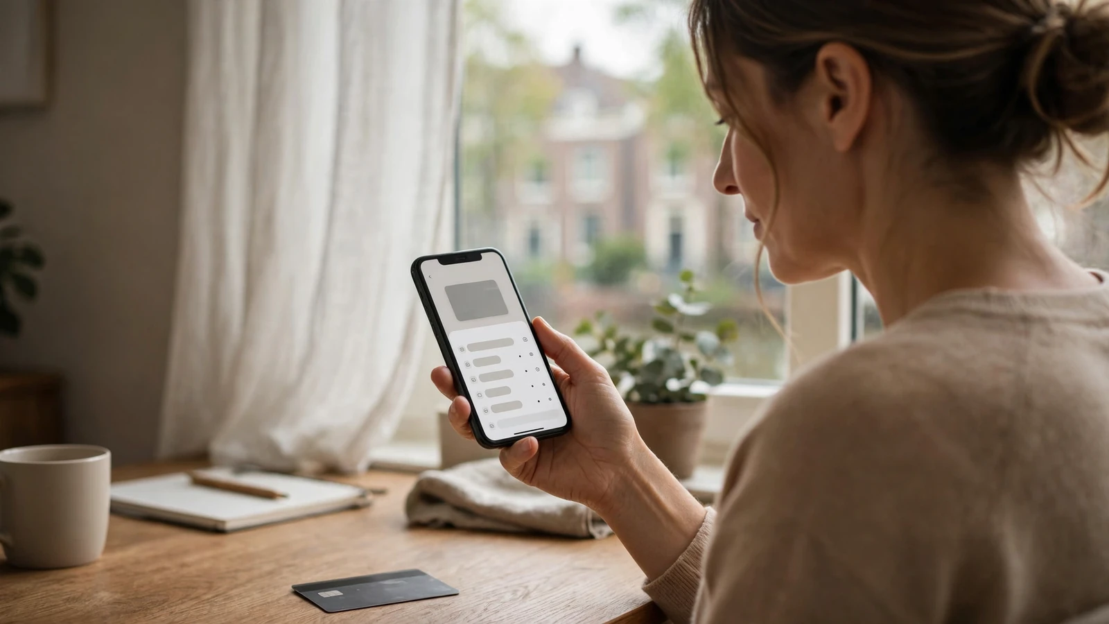 Persoon met smartphone en portemonnee-app aan tafel