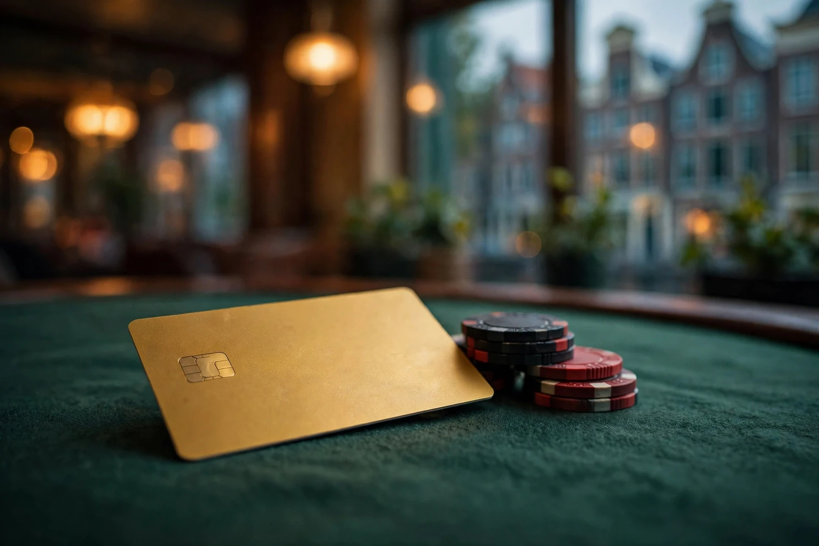 Visacreditcard op een groene casinotafel met pokerfiches