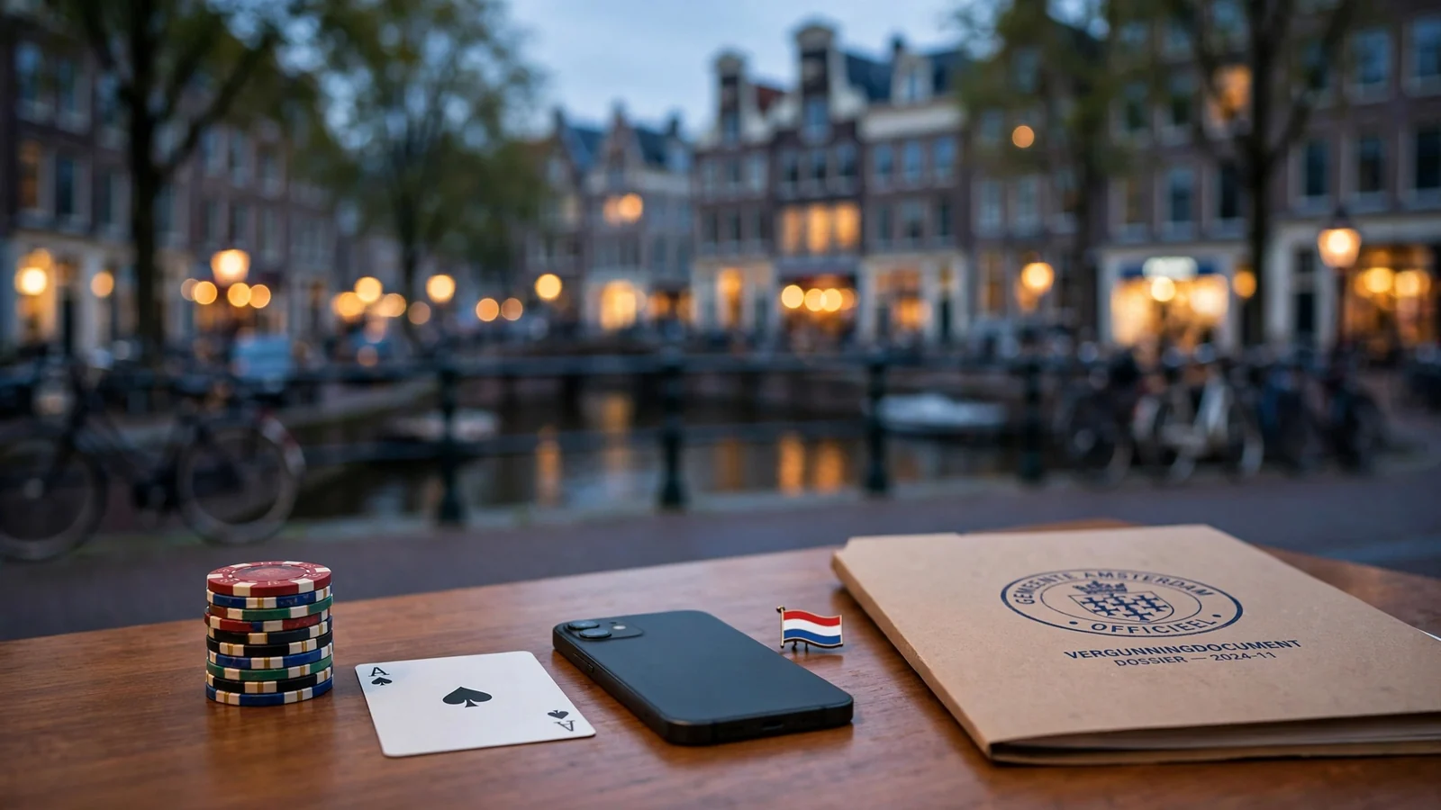 Houten tafel met casinofiches en smartphone, Amsterdamse grachten op de achtergrond