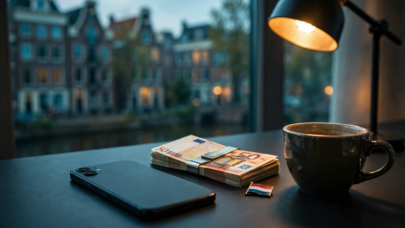 Smartphone op tafel met eurobiljetten en Nederlands vlaggetje, symbool voor snelle casino uitbetaling.