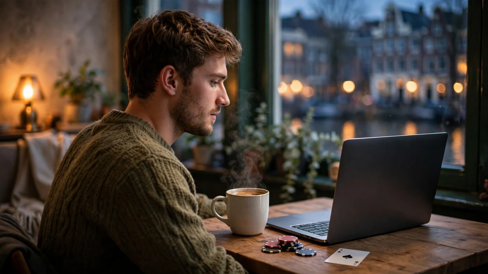 Persoon aan tafel met laptop bij casino chips in Amsterdam