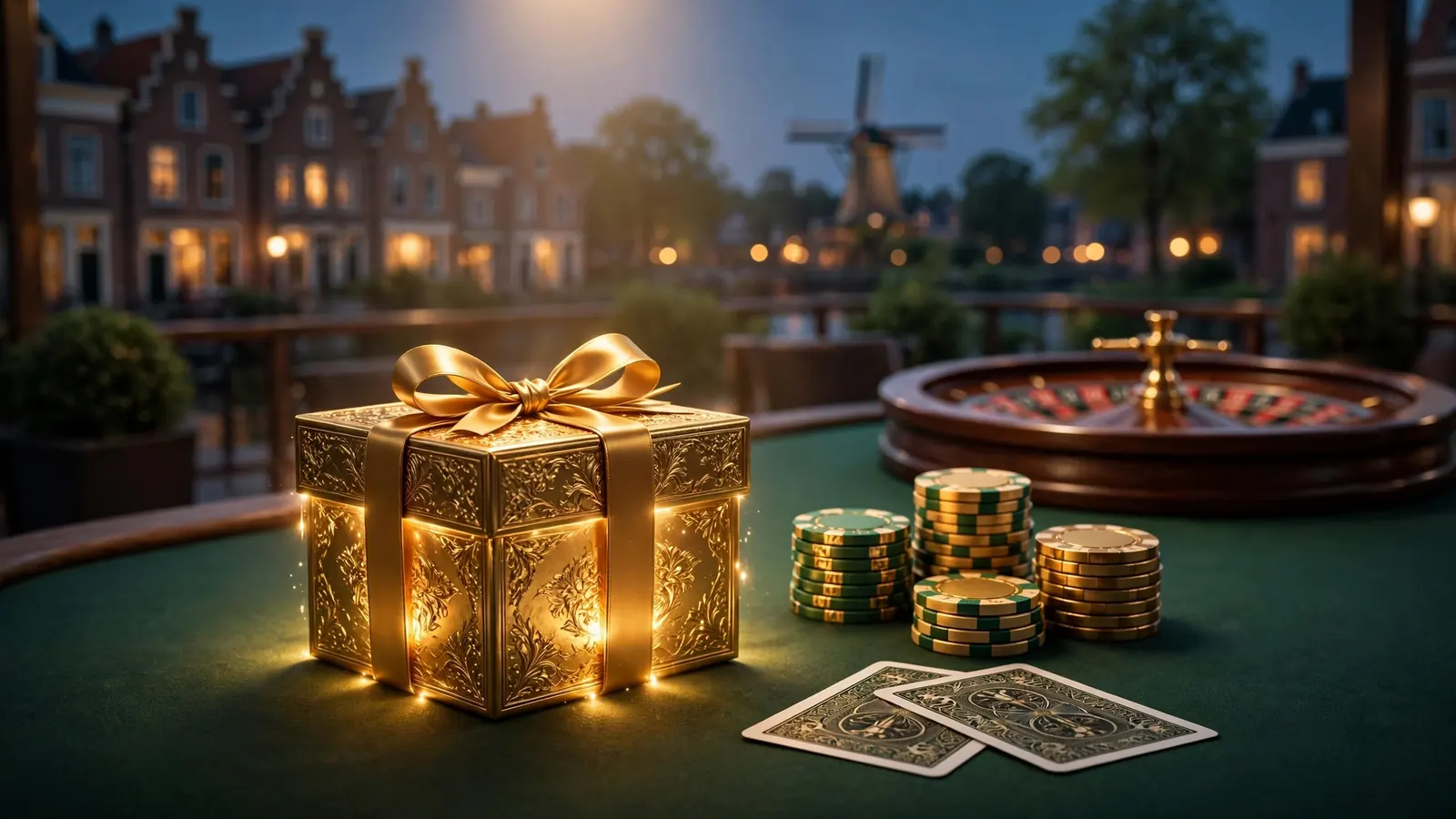 Gouden cadeau met casinofiches en roulettewiel op groene tafel